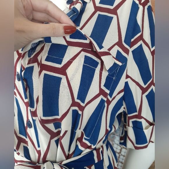 Nwot Zara Geometric Blue, Burgundy and Cream Maxi Dress - Picture 10 of 16